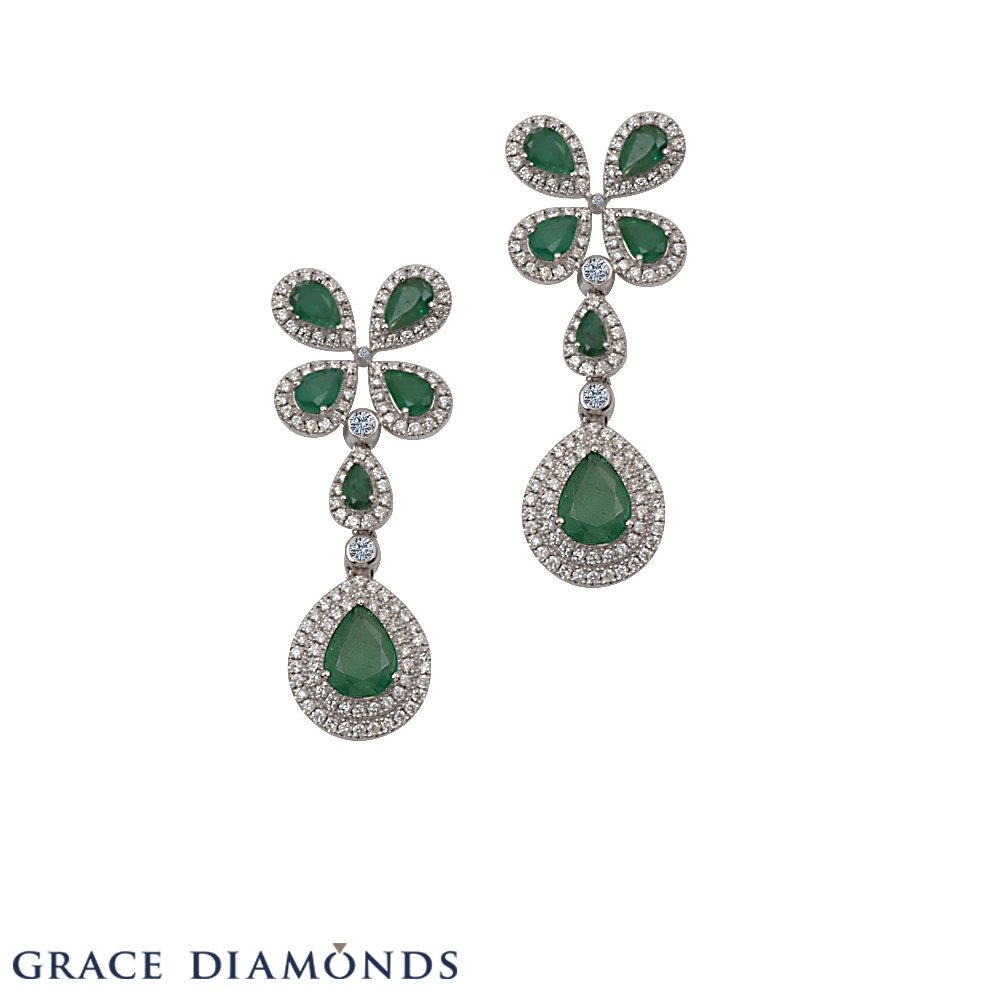Green Emerald and Diamond Dangle Earrings