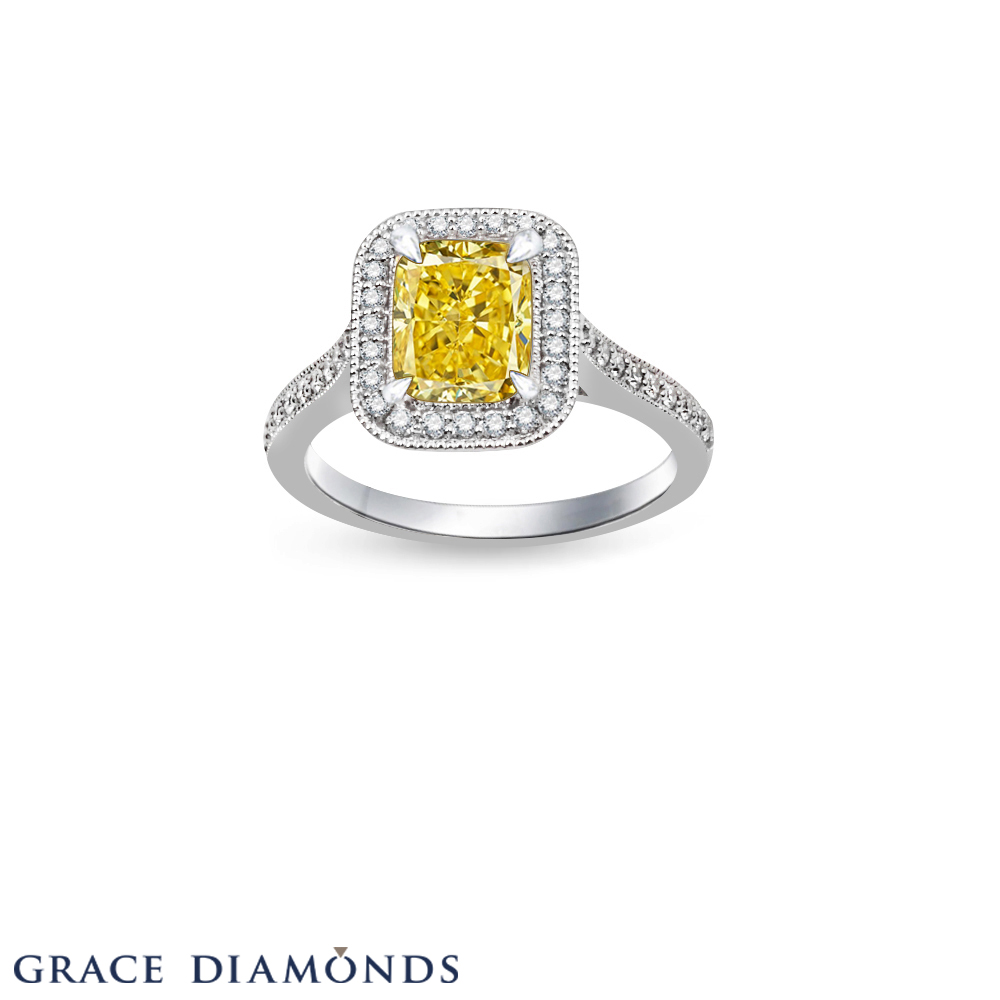 Baguette Cut Yellow Diamond Halo Ring